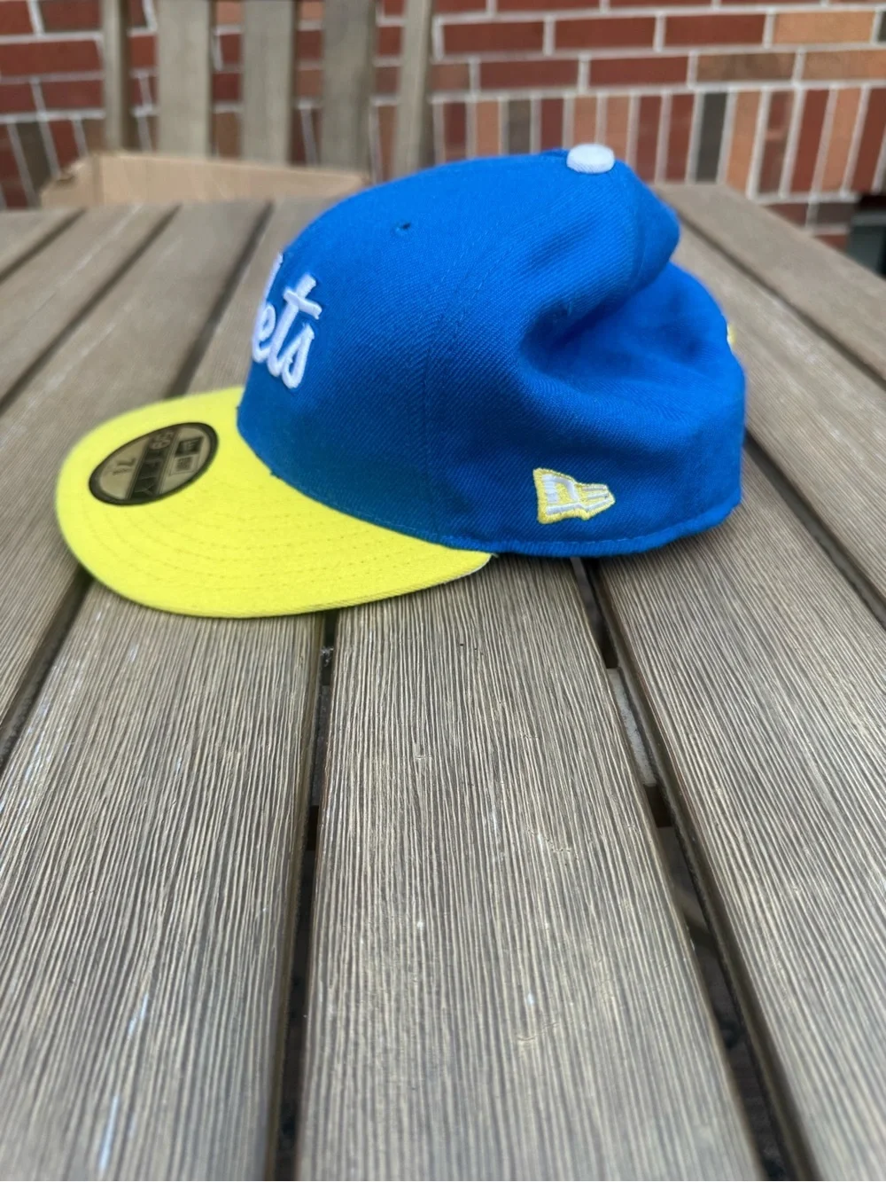 New Era 59FIFTY New York Mets Fitted Hat Blue Yellow Size 7 3/8 MLB Cap